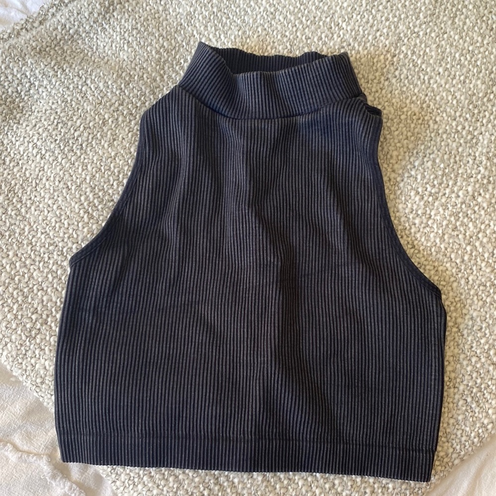 seamless black crop top with mock neck! one size and super stretchy!